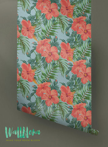 Hibiscus Wallpaper Pattern | Removable Wallpaper | Tropical Wallpaper | Hibiscus Wall Sticker | Tropical Wall Decal | Self Adhesive Wallpaper