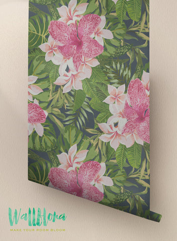 Blooming Jungle Wallpaper |  Removable Wallpaper - Tropical Wallpaper - Exotic Wall Sticker - Exotic Wall Decal - Jungle Adhesive Wallpaper