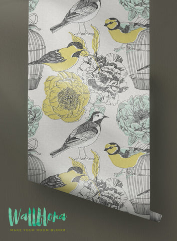 Titmouse and Magpie Pattern Wallpaper | Removable Wallpaper | Titmouse Wallpaper | Magpie Wall Sticker | Magpie Self Adhesive Wallpaper