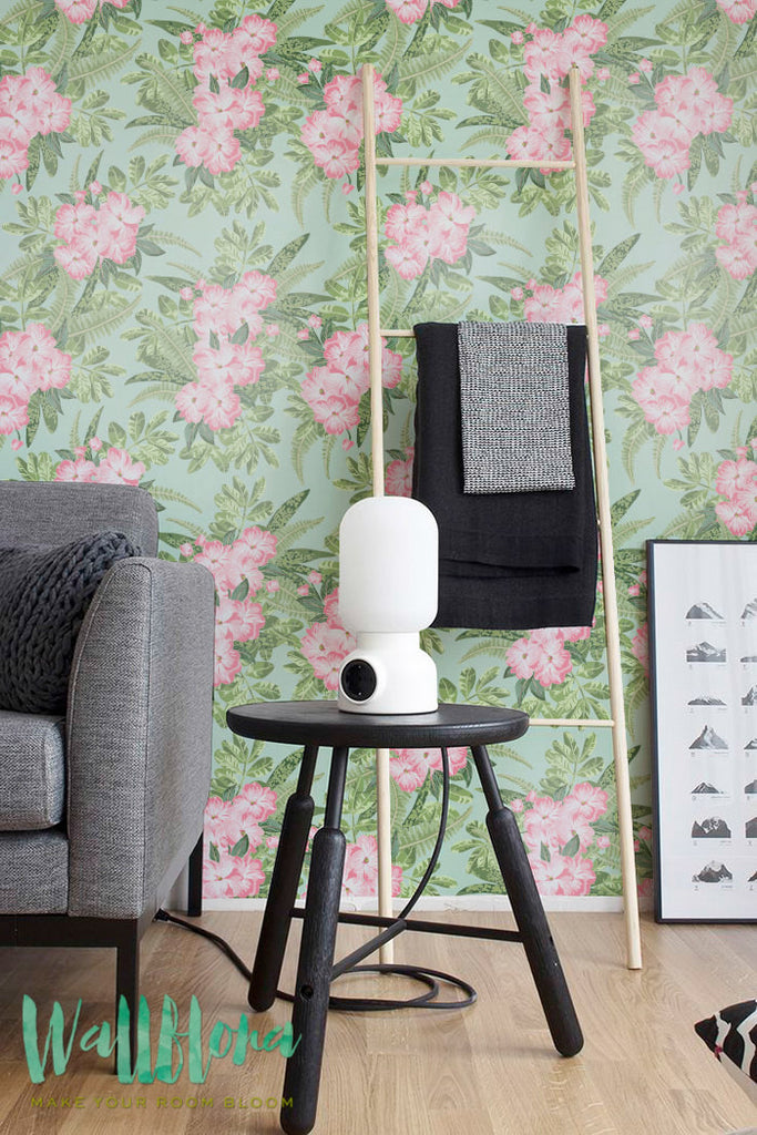 Green Pink Floral Wallpaper, Removable Wallpaper, Peel And Stick Wallpaper, Adhesive Wallpaper