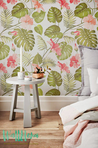 Tropical Pattern Wallpaper | Hibiscus Removable Wallpaper | Palm leaves Wallpaper | Wall Sticker | Tropical Self Adhesive Wallpaper