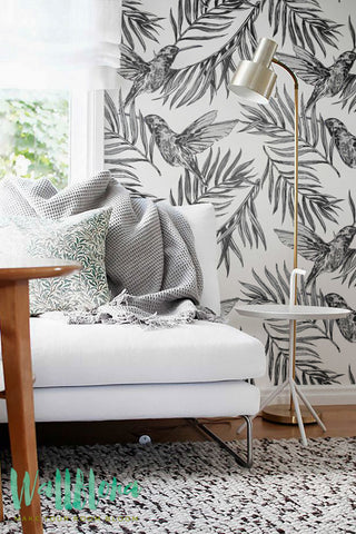 Colibri Bird Pattern Wallpaper | Removable Wallpaper - Palm Areca leaves Wallpaper- Palm Wall Sticker - Colibri Bird Self Adhesive Wallpaper