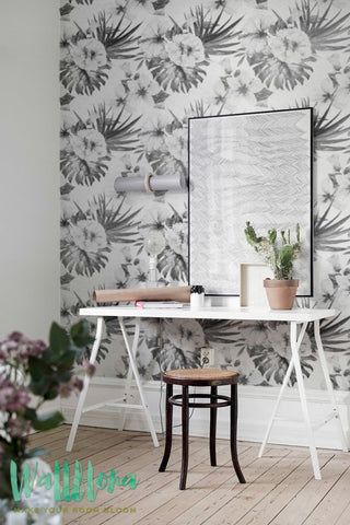 Hibiscus Wallpaper | Monstera Wallpaper | Hawaiian Wallpaper | Exotic Wall Sticker | Wall Decal | Hibiscus and Monstera Adhesive Wallpaper