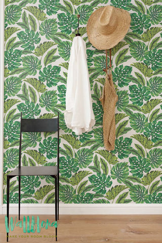 Monstera Leaves Pattern Wallpaper | Exotic Removable Wallpaper | Palm Leaves Wallpaper | Wall Sticker | Tropical Leaves Adhesive Wallpaper