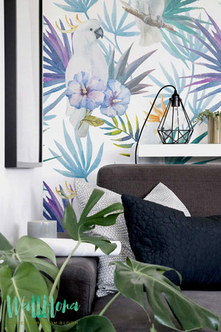 Bismarkia and Hibiscus Wallpaper | Removable Wallpaper - Plumeria Wallpaper - Wall Sticker - Parrot Wall Decal - Self Adhesive Wallpaper