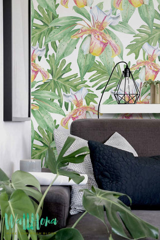 Ginger and Philodendron Leaves Wallpaper | Removable Wallpaper | Exotic Wall Sticker | Ginger and Philodendron Leaves Self Adhesive Wallpaper