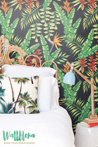 Heliconia Flower and Exotic Leaves Wallpaper | Removable Wallpaper | Palm Wall Sticker | Heliconia Flower Self Adhesive Wallpaper