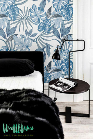 Blue Monster Leaves Wallpaper | Palm Areca Removable Wallpaper - Palm Areca Wall Sticker -Monster Leaves Self Adhesive Wallpaper
