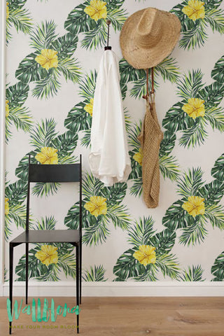 Hibiscus and Monstera Leaves Wallpaper | Hibiscus Wallpaper | Hawaiian Wallpaper  | Monstera Wall Decal | Self Adhesive Wallpaper