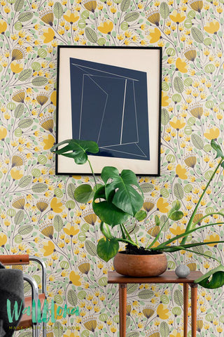 Seamles Yellow Flower Pattern Wallpaper - Removable Wallpaper - Wall Sticker - Wall Decal - Seamles Yellow Flower Self Adhesive Wallpaper