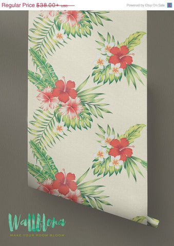 Hibiscus Wallpaper | Removable Wallpaper | Hawaiian Wallpaper | Hibiscus Wall Sticker | Plumeria Wall Decal | Hibiscus Adhesive Wall