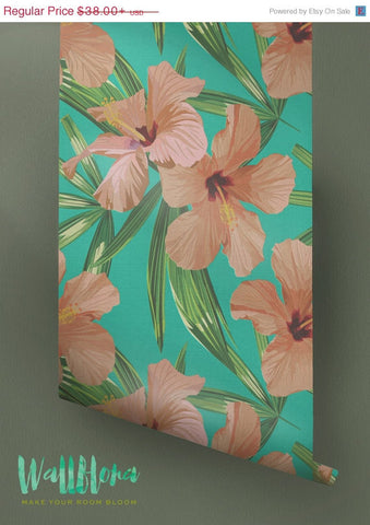 ON SALE Hibiscus Wallpaper Pattern | Removable Wallpaper | Tropical Wallpaper | Hibiscus Wall Sticker | Exotic Wall Decal | Self Adhesive Wa