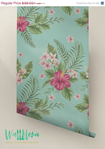 ON SALE Tropical Pattern Wallpaper | Removable Wallpaper | Hibiscus Wallpaper | Exotic Wall Sticker - Exotic Wall Decal | Tropical Adhesive W