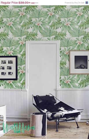 Tropical Pattern Wallpaper | Exotic Removable Wallpaper | Palm leaves Wallpaper | Bismark Wall Sticker | Tropical Palm Adhesive Wall