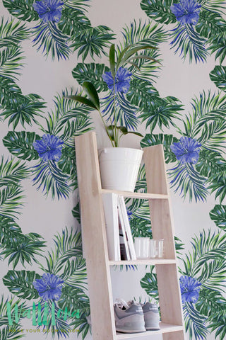 Monstera Leaves and Plumeria Prinet Wallpaper | Removable Wallpaper | Monstera leaves Wall Sticker | Plumeria Flower Self Adhesive Wallpaper