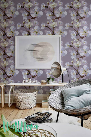 White and Beige Apple Tree Wallpaper | Removable Wallpaper | Apple tree Wallpaper | Apple tree Wall Sticker | Apple Tree Adhesive Wallpaper