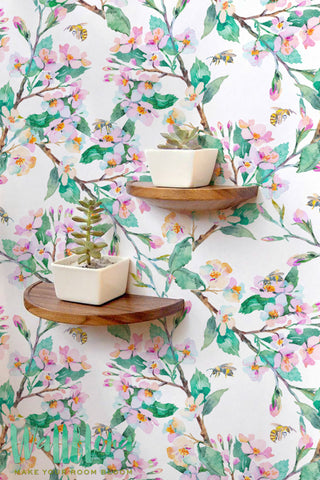 White and Pink Apple Tree Wallpaper | Removable Wallpaper | Apple tree Wallpaper | Apple tree Wall Sticker | Apple Tree Adhesive Wallpaper
