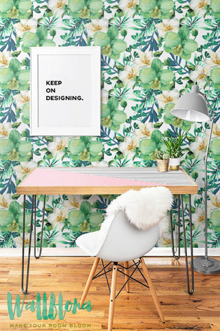 Orchid Flower Pattern Wallpaper | Orchid Removable Wallpaper | Palm Areca Wallpaper | Green Orchid Wall Sticker | Orchid Self Adhesive Wallpaper