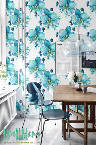 Blue Orchid Flower Pattern Wallpaper | Orchid Removable Wallpaper/Orchid Wallpaper/Blue Orchid Wall Sticker/Orchid Self Adhesive Wallpaper